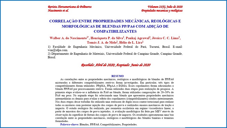 Artigo Correlação entre propriedades mecânicas, reológicas e morfológicas de blendas PP/PA6 com adição de compatibilizantes