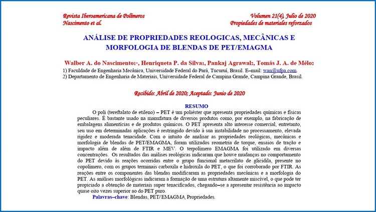 Artigo Análise de propriedades reologicas, mecânicas e morfologia de blendas de PET/EMAGMA